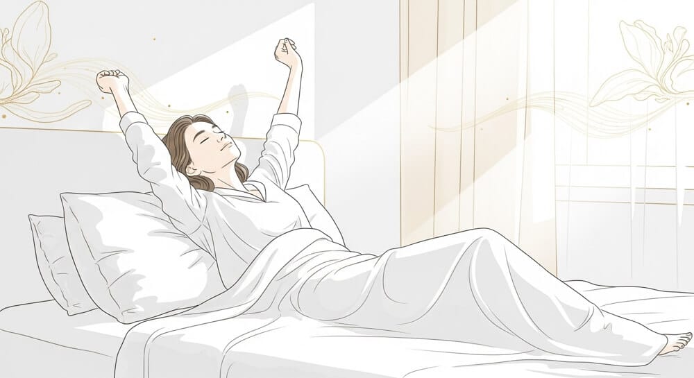 고혈압 약보다 수면건강을 지키고 아침에 개운하게 침대에서 기지게를 펴는 모습