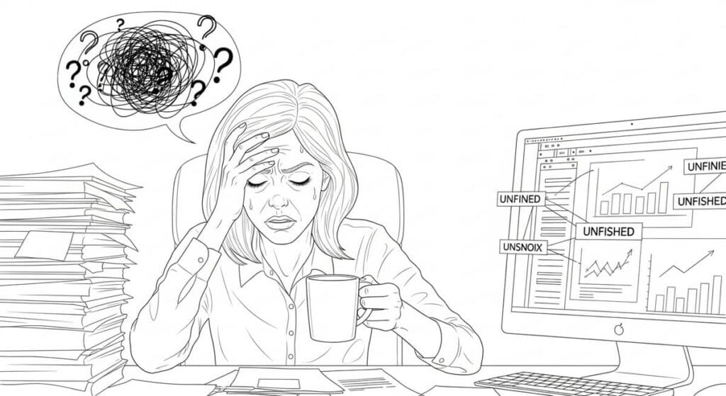 40대 업무와 미래에 대한 불안으로 만성 스트레스를 표현한 모습