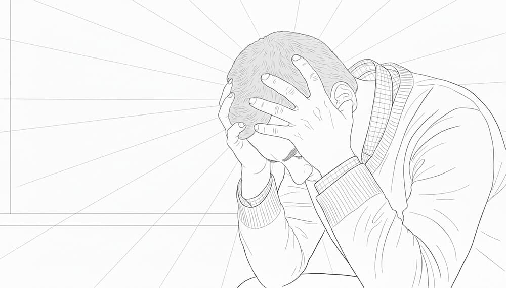 머리 뒷골이 땡기고 만성 두통으로 힘들어하며 머리를 두손으로 잡고 있는 모습