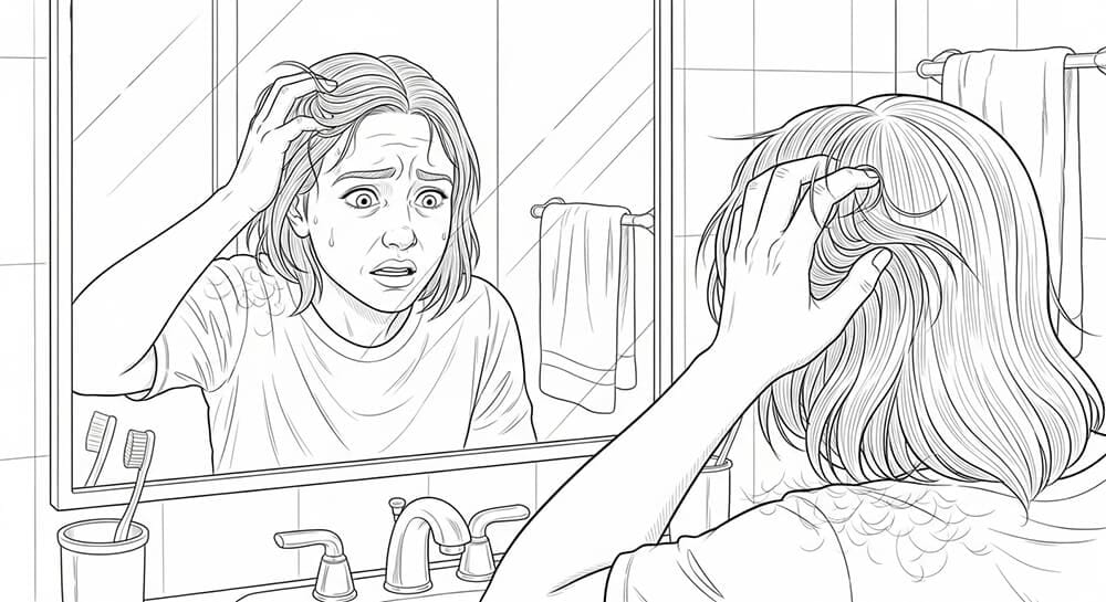 화장실 거울 앞에서 머리를 만지며 탈모로 스트레스 받고 고민하는 모습