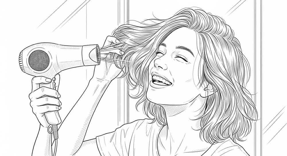 탈모를 해결하고 풍성해진 머리를 헤어드라이기로 말리며 기분좋게 웃는 모습