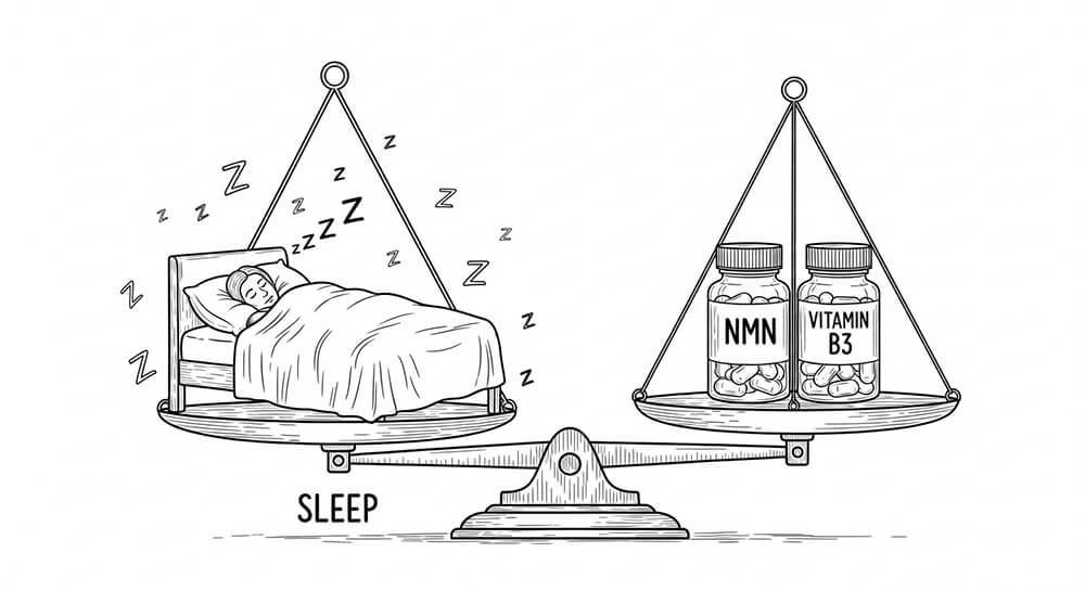 저울에 NMN과 비타민B3보다 수면이 효과적이라는 이해를 돕기 위한 그림