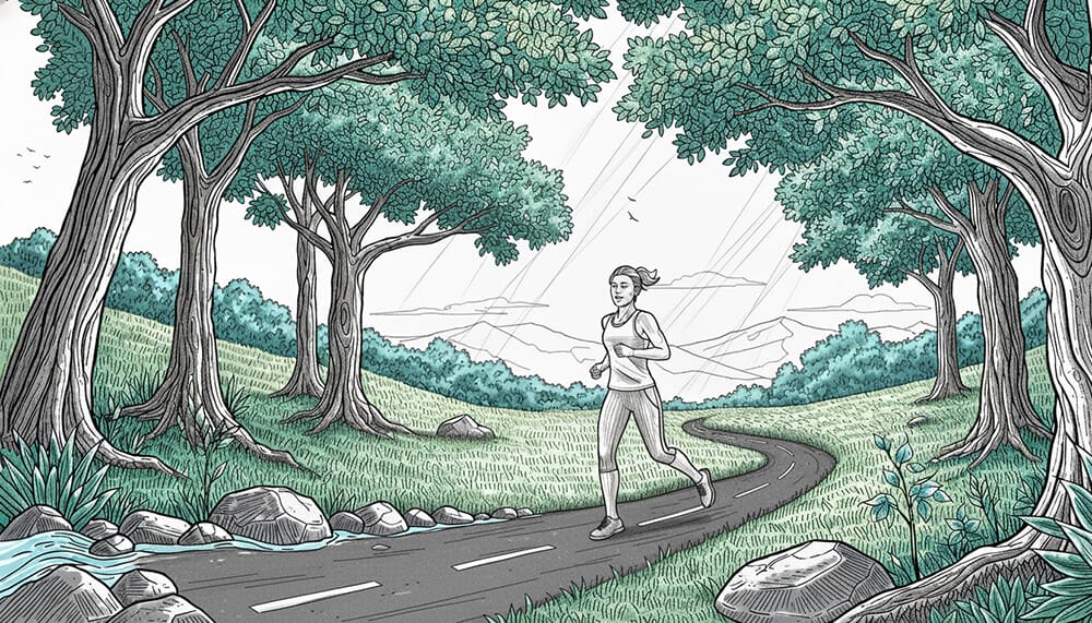 조깅을 자연속에서 뛰며 스트레스를 해소하는 모습