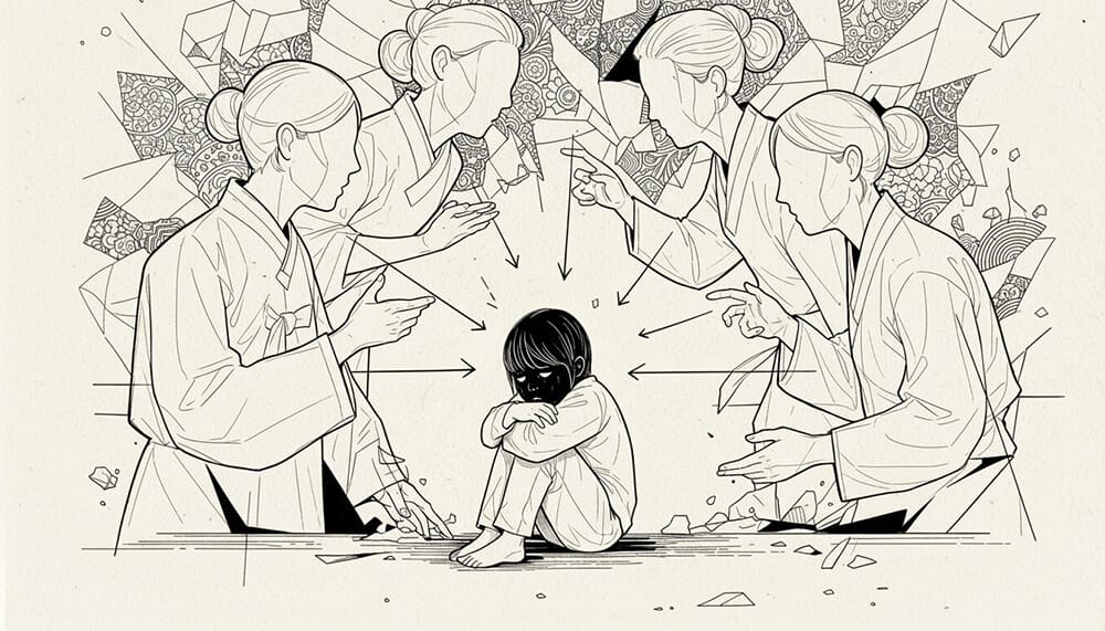 엄마가 금쪽이 아이에게 잔소리와 훈계하는 모습 아이는 의기소침하여 움추린 모습