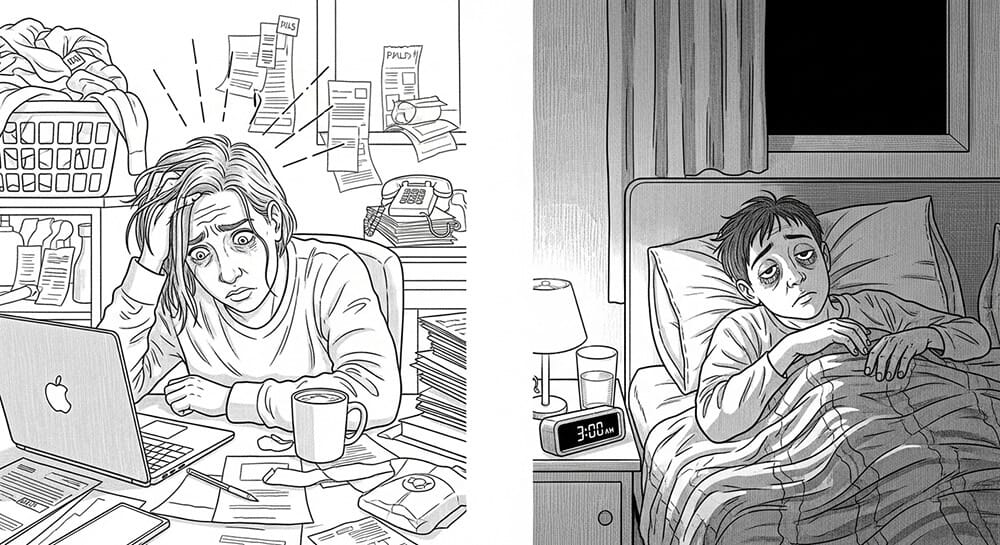 업무로 스트레스 받는 모습과 잠 못자는 불면증으로 침대 누워 있는 모습